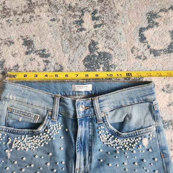 Zara Faux Pearl Embellished Skinny Jeans Size 4 Low Rise Ribbon Distressed Crop - Picture 9 of 13